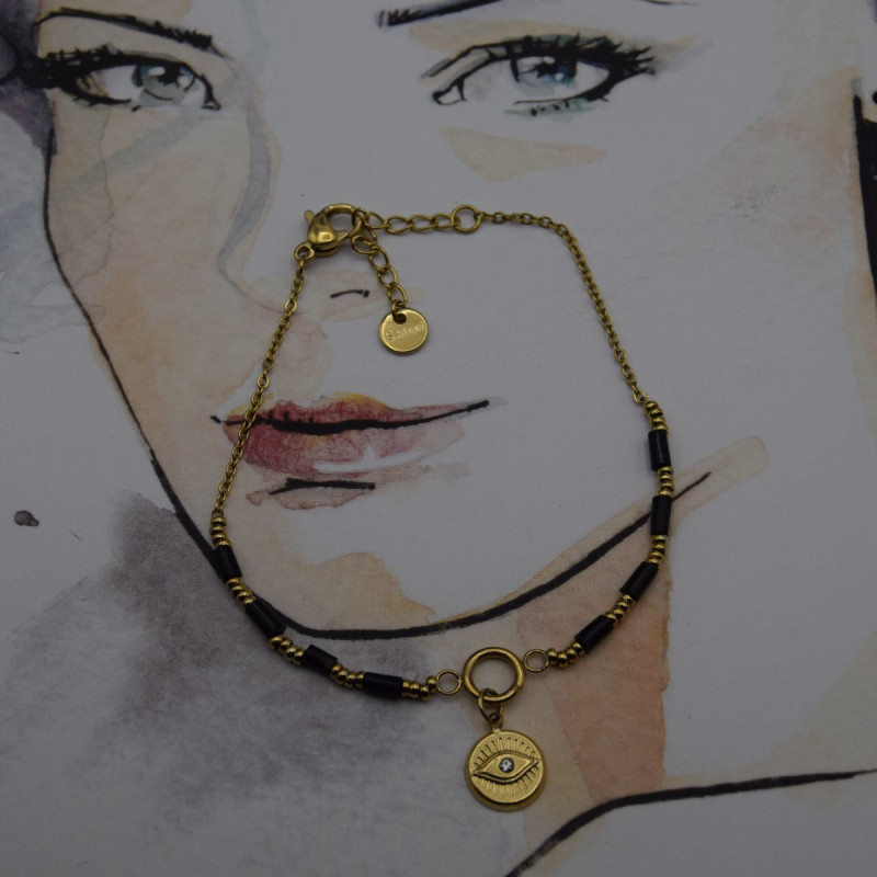 Bracelet Acier Inoxydable Perles Noires Bracelet Acier Inoxydable Perles Noires
